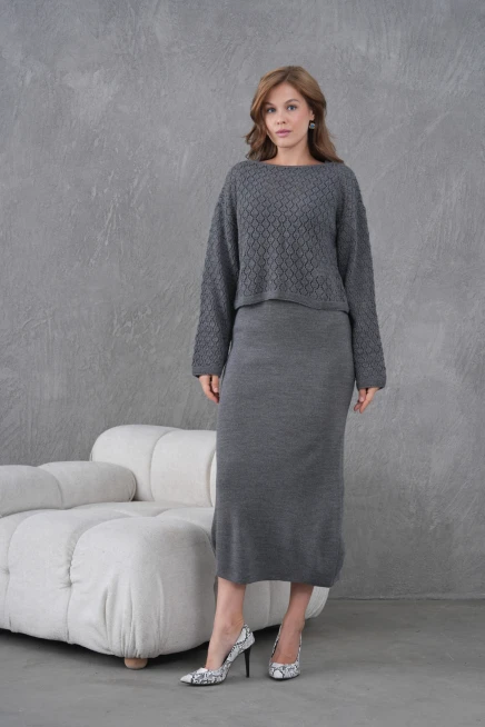 Kadın Kayık Yaka Örgü Detay Bluz Elbise İkili Trko Takım