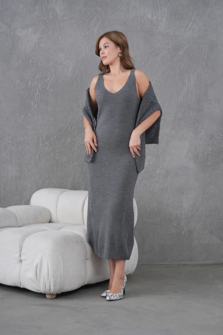 Kadın Kayık Yaka Örgü Detay Bluz Elbise İkili Trko Takım