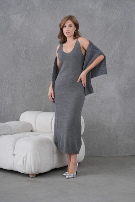 Kadın Kayık Yaka Örgü Detay Bluz Elbise İkili Trko Takım