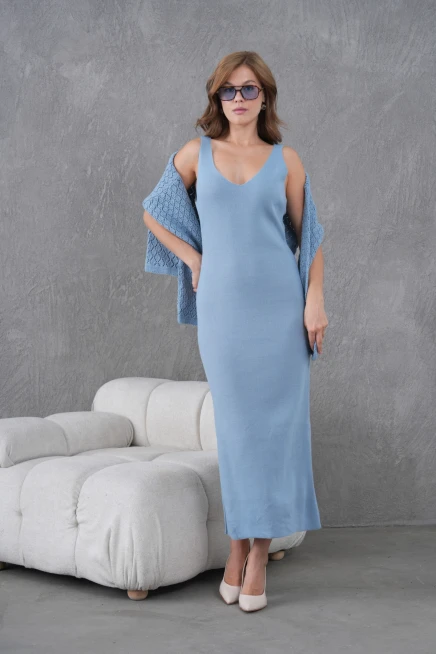 Kadın Kayık Yaka Örgü Detay Bluz Elbise İkili Trko Takım