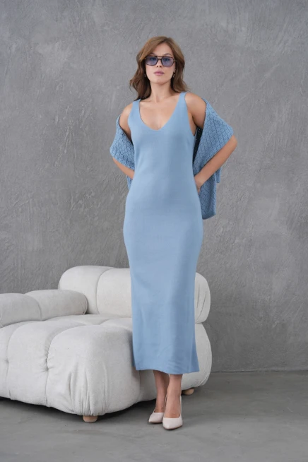 Kadın Kayık Yaka Örgü Detay Bluz Elbise İkili Trko Takım