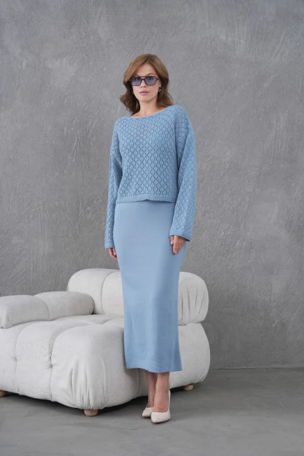 Kadın Kayık Yaka Örgü Detay Bluz Elbise İkili Trko Takım