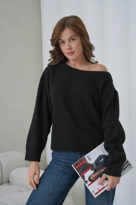 Kadın Kayık Yaka Yumuşak Dokulu Triko Kazak 8703Sw