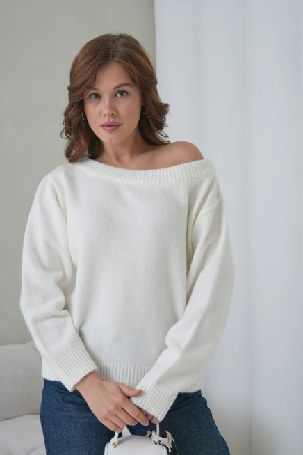 Kadın Kayık Yaka Yumuşak Dokulu Triko Kazak 8703Sw