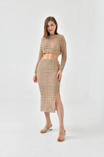 Kadın Örgü Detay Crop Kazak Astarlı Yırtmaçlı Etek Triko İkili Takım