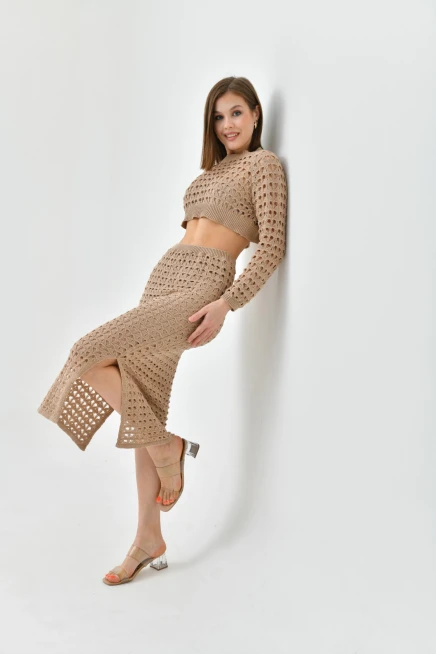 Kadın Örgü Detay Crop Kazak Astarlı Yırtmaçlı Etek Triko İkili Takım