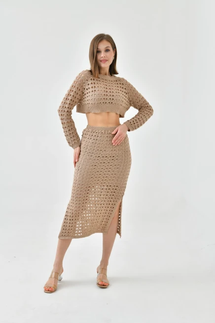 Kadın Örgü Detay Crop Kazak Astarlı Yırtmaçlı Etek Triko İkili Takım
