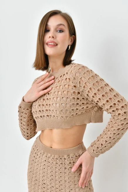 Kadın Örgü Detay Crop Kazak Astarlı Yırtmaçlı Etek Triko İkili Takım