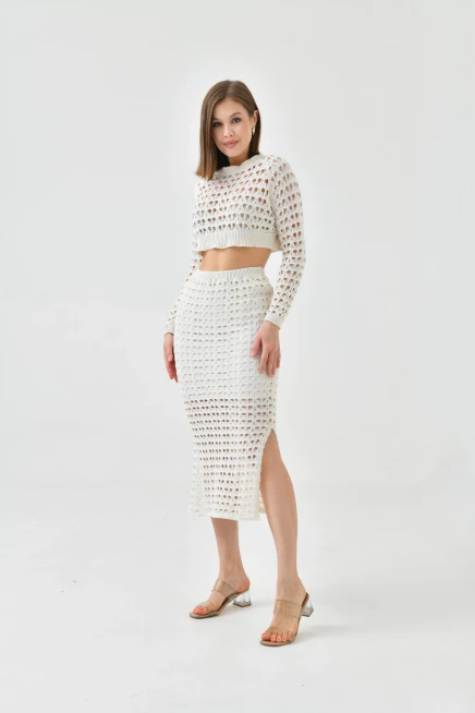 Kadın Örgü Detay Crop Kazak Astarlı Yırtmaçlı Etek Triko İkili Takım