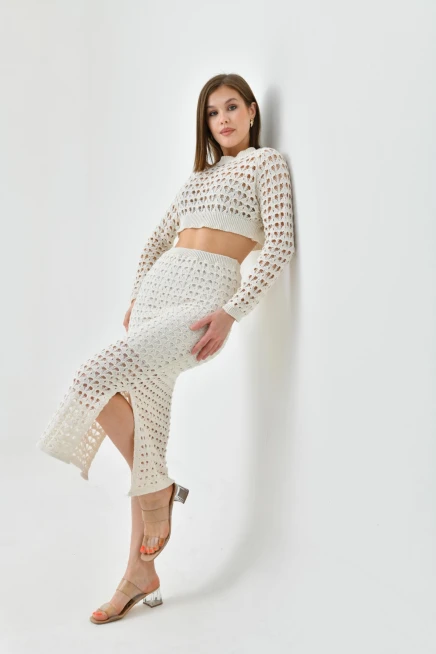 Kadın Örgü Detay Crop Kazak Astarlı Yırtmaçlı Etek Triko İkili Takım