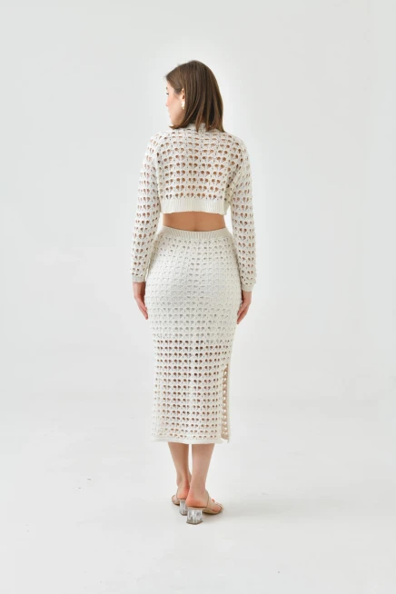 Kadın Örgü Detay Crop Kazak Astarlı Yırtmaçlı Etek Triko İkili Takım
