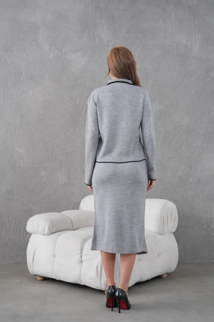 Kadın Polo Yaka Düğme Detay Ceket Uzun Etek İkili Triko Takım