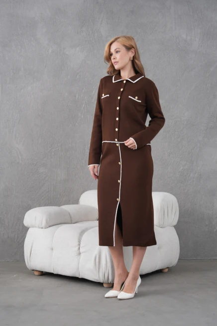 Kadın Polo Yaka Düğme Detay Ceket Uzun Etek İkili Triko Takım