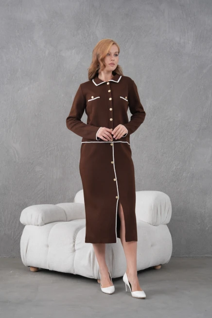 Kadın Polo Yaka Düğme Detay Ceket Uzun Etek İkili Triko Takım