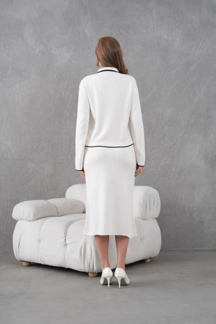 Kadın Polo Yaka Düğme Detay Ceket Uzun Etek İkili Triko Takım