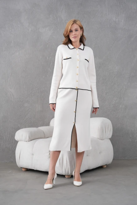 Kadın Polo Yaka Düğme Detay Ceket Uzun Etek İkili Triko Takım