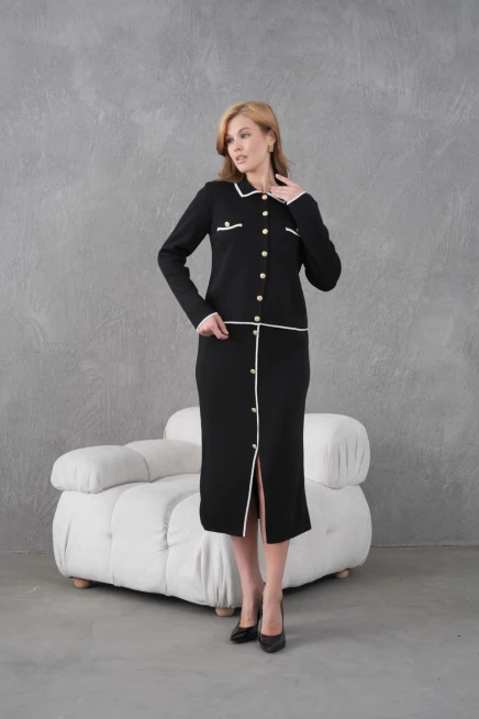 Kadın Polo Yaka Düğme Detay Ceket Uzun Etek İkili Triko Takım