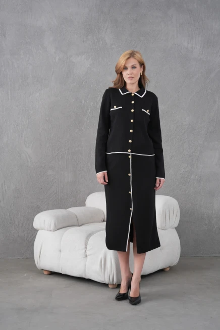 Kadın Polo Yaka Düğme Detay Ceket Uzun Etek İkili Triko Takım