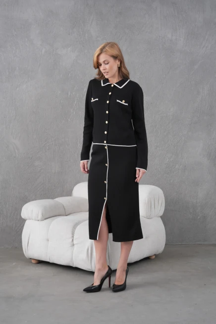 Kadın Polo Yaka Düğme Detay Ceket Uzun Etek İkili Triko Takım