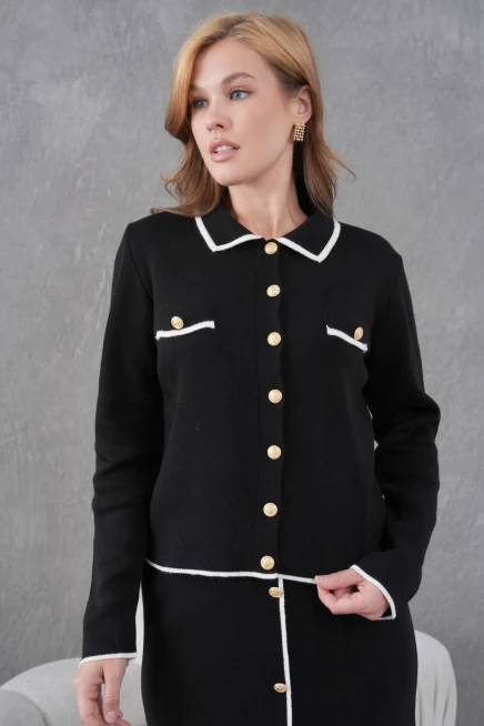 Kadın Polo Yaka Düğme Detay Ceket Uzun Etek İkili Triko Takım