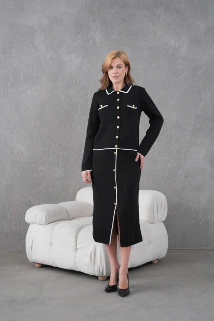 Kadın Polo Yaka Düğme Detay Ceket Uzun Etek İkili Triko Takım