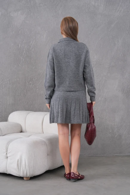 Kadın Polo Yaka Düğme Detay Kazak Etek İkili Triko Takım