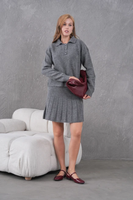 Kadın Polo Yaka Düğme Detay Kazak Etek İkili Triko Takım