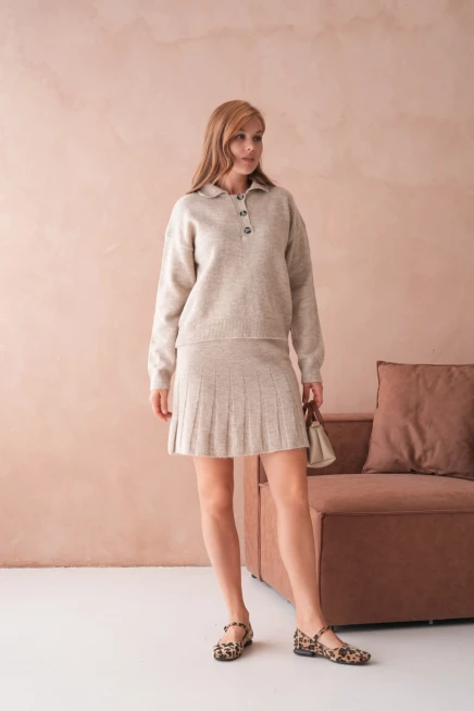 Kadın Polo Yaka Düğme Detay Kazak Etek İkili Triko Takım