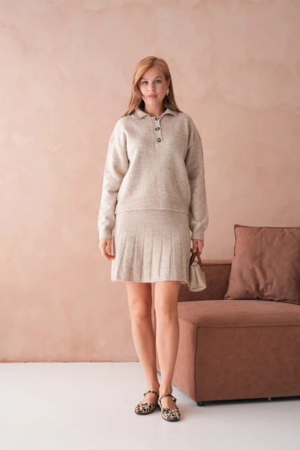 Kadın Polo Yaka Düğme Detay Kazak Etek İkili Triko Takım