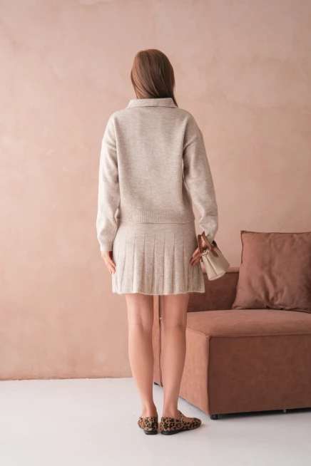 Kadın Polo Yaka Düğme Detay Kazak Etek İkili Triko Takım