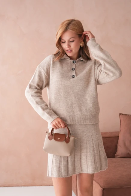 Kadın Polo Yaka Düğme Detay Kazak Etek İkili Triko Takım