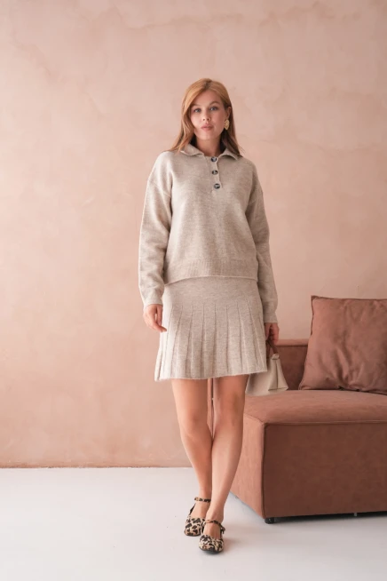 Kadın Polo Yaka Düğme Detay Kazak Etek İkili Triko Takım