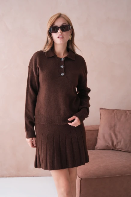 Kadın Polo Yaka Düğme Detay Kazak Etek İkili Triko Takım