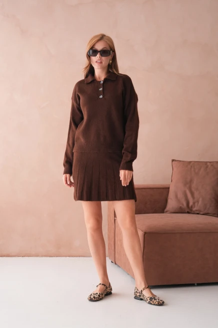 Kadın Polo Yaka Düğme Detay Kazak Etek İkili Triko Takım