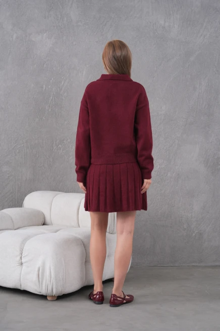 Kadın Polo Yaka Düğme Detay Kazak Etek İkili Triko Takım