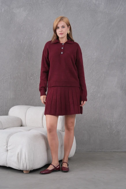 Kadın Polo Yaka Düğme Detay Kazak Etek İkili Triko Takım