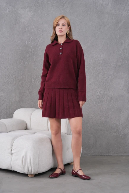 Kadın Polo Yaka Düğme Detay Kazak Etek İkili Triko Takım