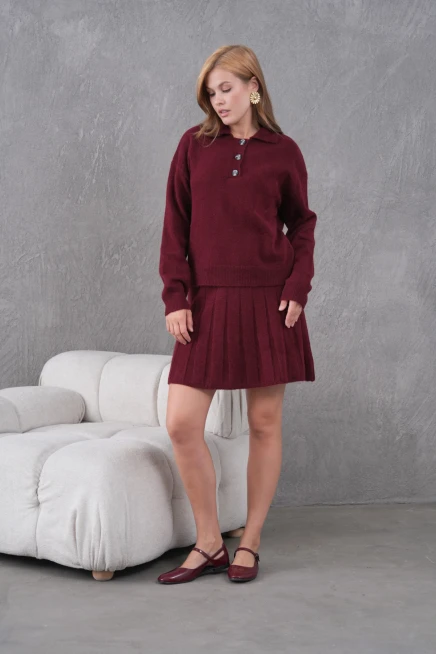 Kadın Polo Yaka Düğme Detay Kazak Etek İkili Triko Takım