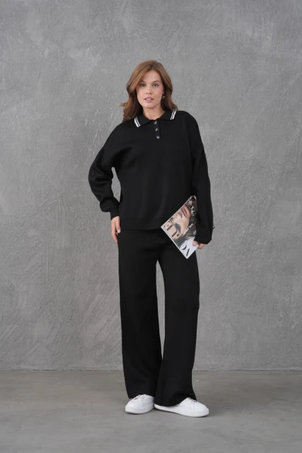 Kadın Polo Yaka Düğme Detay Kazak Pantolon İkili Triko Takım