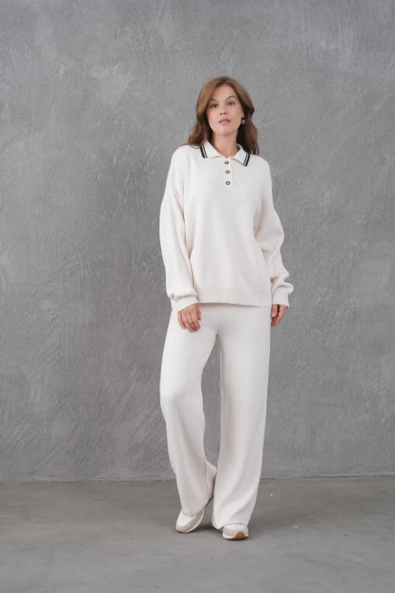 Kadın Polo Yaka Düğme Detay Kazak Pantolon İkili Triko Takım