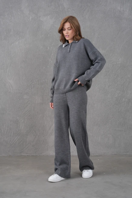 Kadın Polo Yaka Düğme Detay Kazak Pantolon İkili Triko Takım