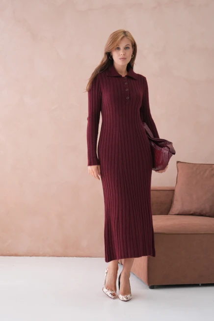 Kadın Polo Yaka Düğme Detay Maxi Boy Yumuşak Dokulu Fitilli Triko Elbise