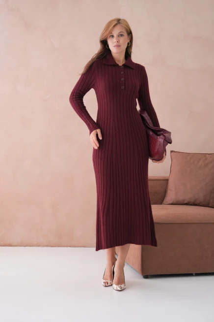 Kadın Polo Yaka Düğme Detay Maxi Boy Yumuşak Dokulu Fitilli Triko Elbise