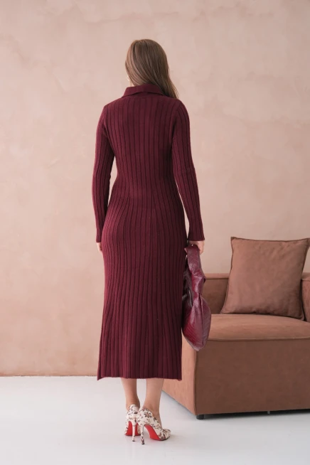 Kadın Polo Yaka Düğme Detay Maxi Boy Yumuşak Dokulu Fitilli Triko Elbise