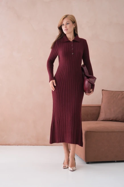 Kadın Polo Yaka Düğme Detay Maxi Boy Yumuşak Dokulu Fitilli Triko Elbise