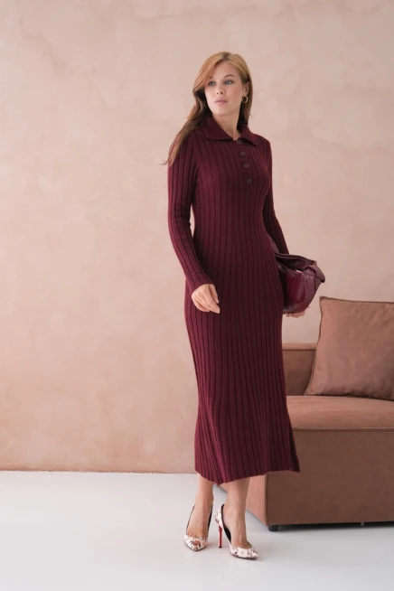 Kadın Polo Yaka Düğme Detay Maxi Boy Yumuşak Dokulu Fitilli Triko Elbise