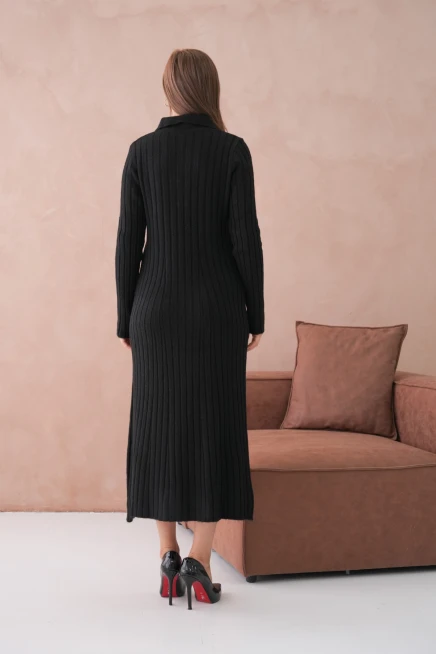 Kadın Polo Yaka Düğme Detay Maxi Boy Yumuşak Dokulu Fitilli Triko Elbise