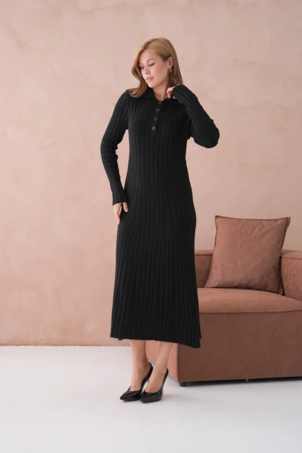 Kadın Polo Yaka Düğme Detay Maxi Boy Yumuşak Dokulu Fitilli Triko Elbise