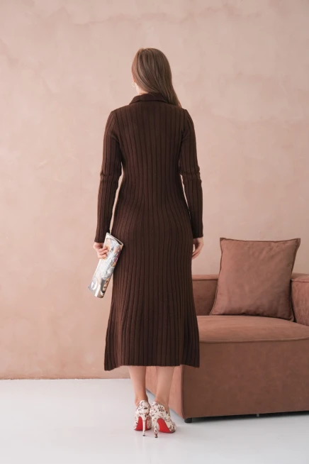 Kadın Polo Yaka Düğme Detay Maxi Boy Yumuşak Dokulu Fitilli Triko Elbise