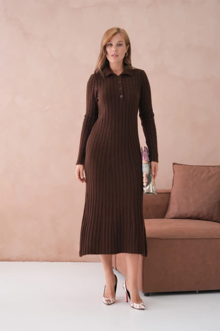 Kadın Polo Yaka Düğme Detay Maxi Boy Yumuşak Dokulu Fitilli Triko Elbise